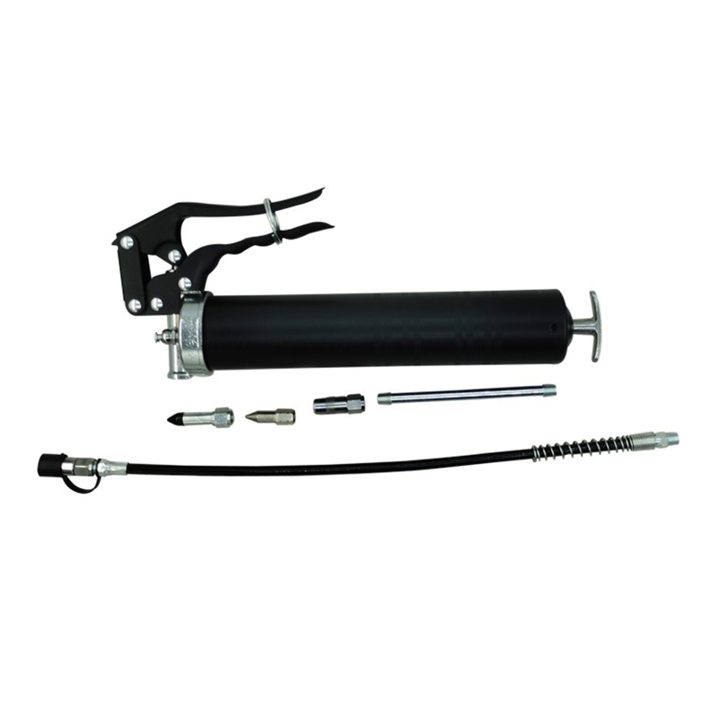 Pistol grip grease gun with flexible hose